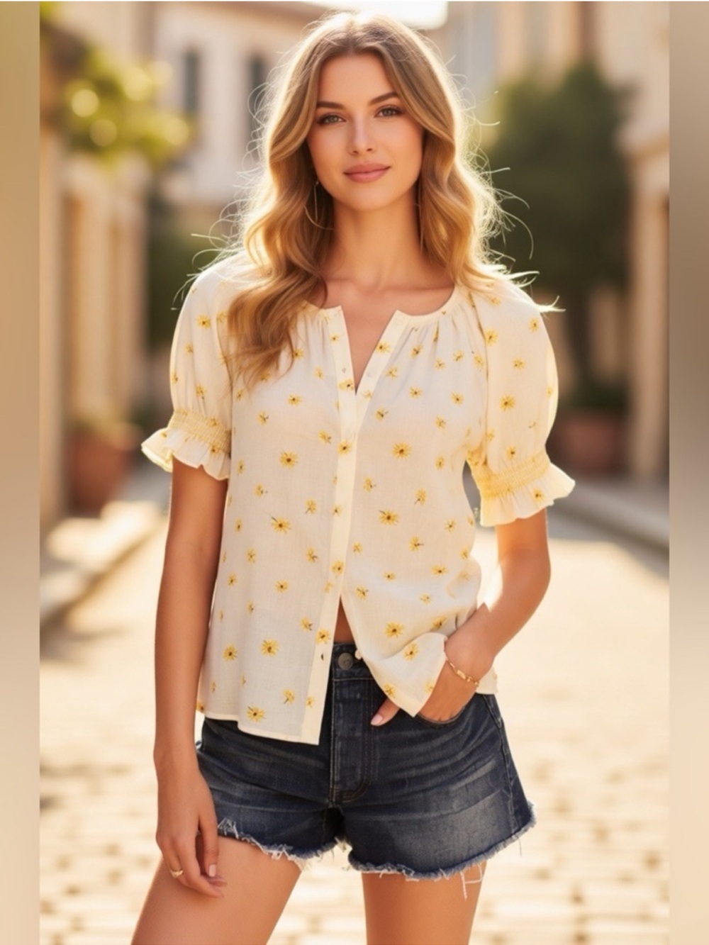 Madewell Smocked Button Up Top in French Size Small